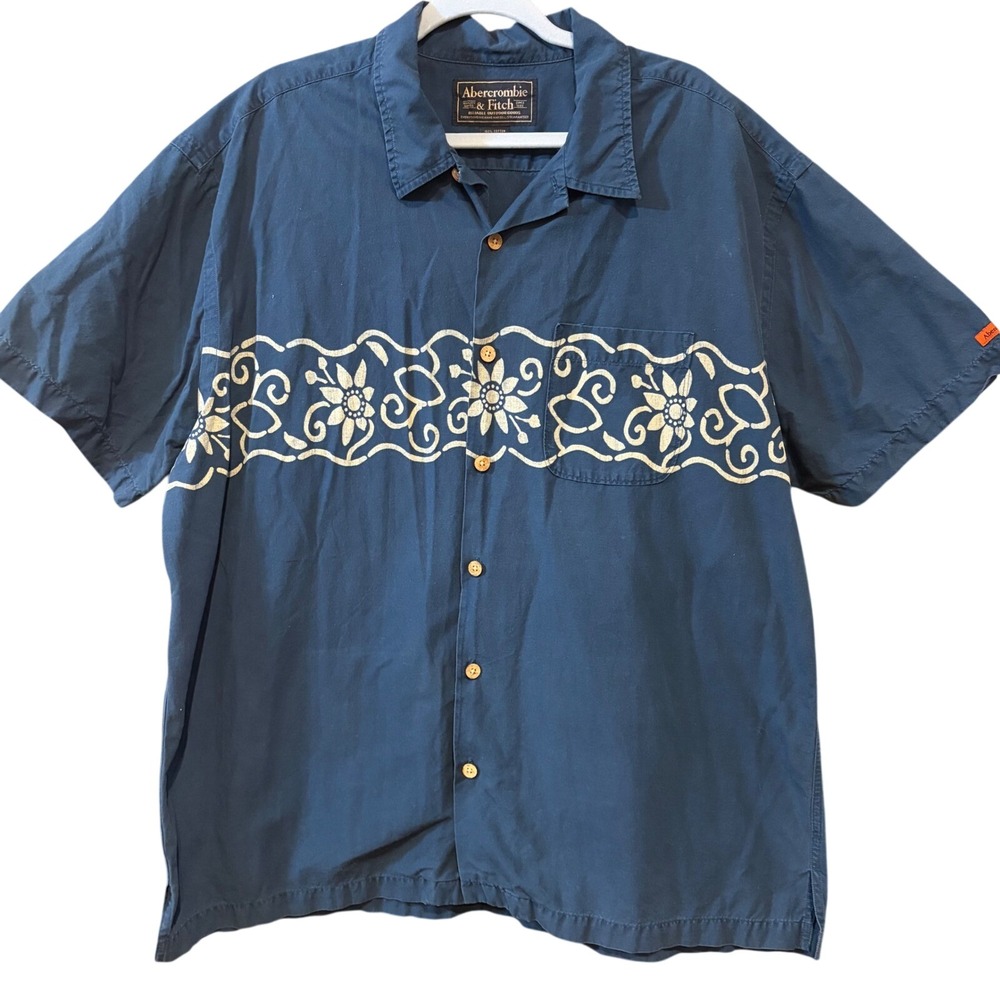 Abercrombie & Fitch Vintage Mens XL Blue Floral Batik Border Cotton button Shirt